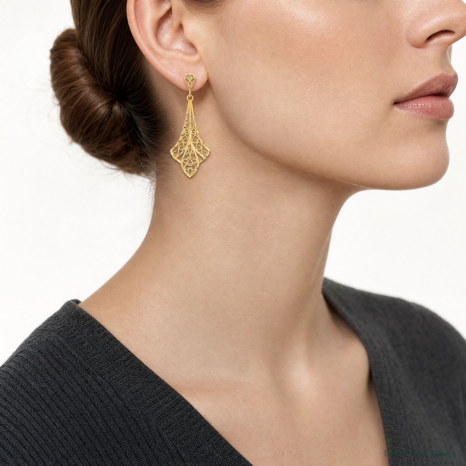 14K D/C Filigree Dangle Post Earrings - Model Shot