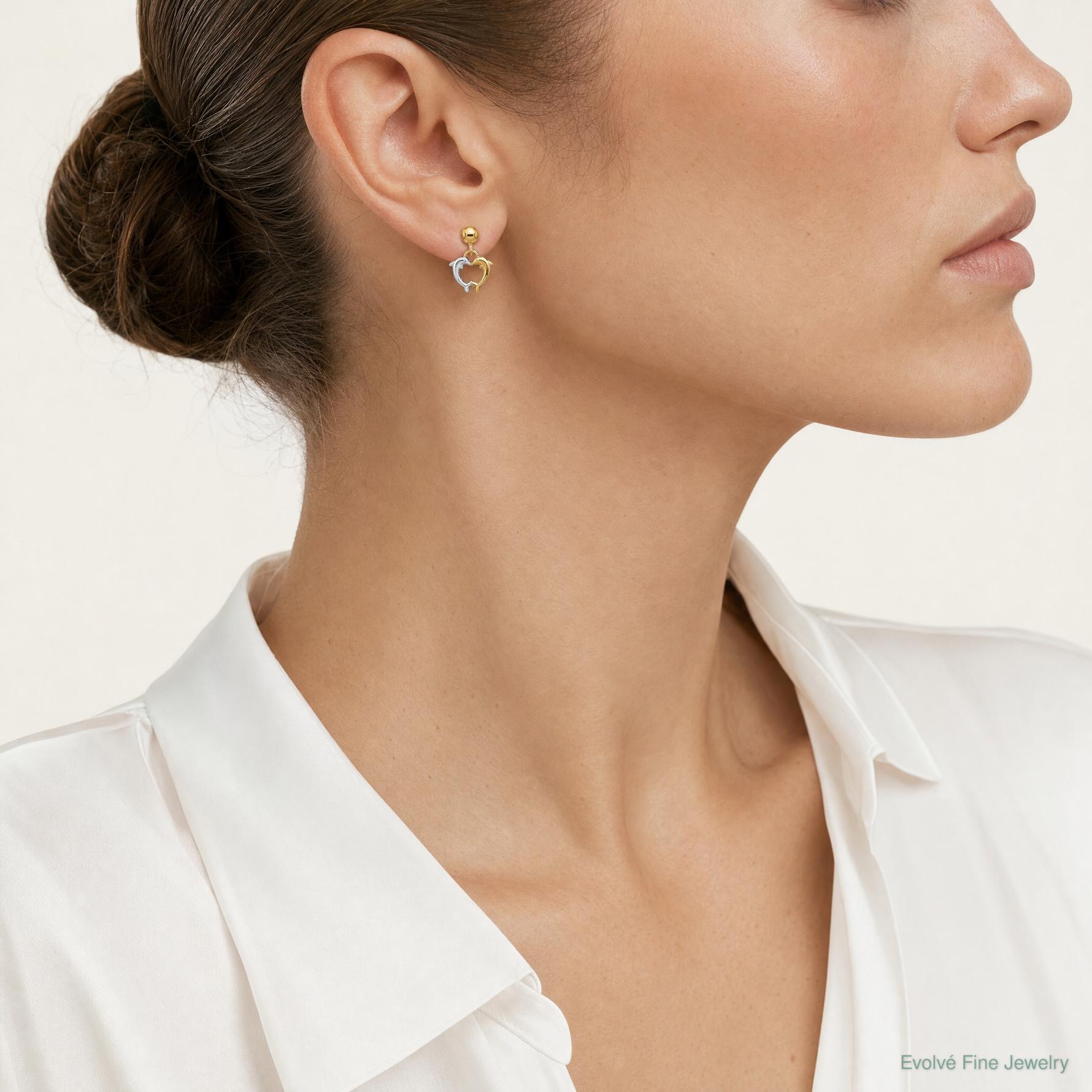 14K W/ Rhodium Dolphin Dangle Earrings - Model Shot