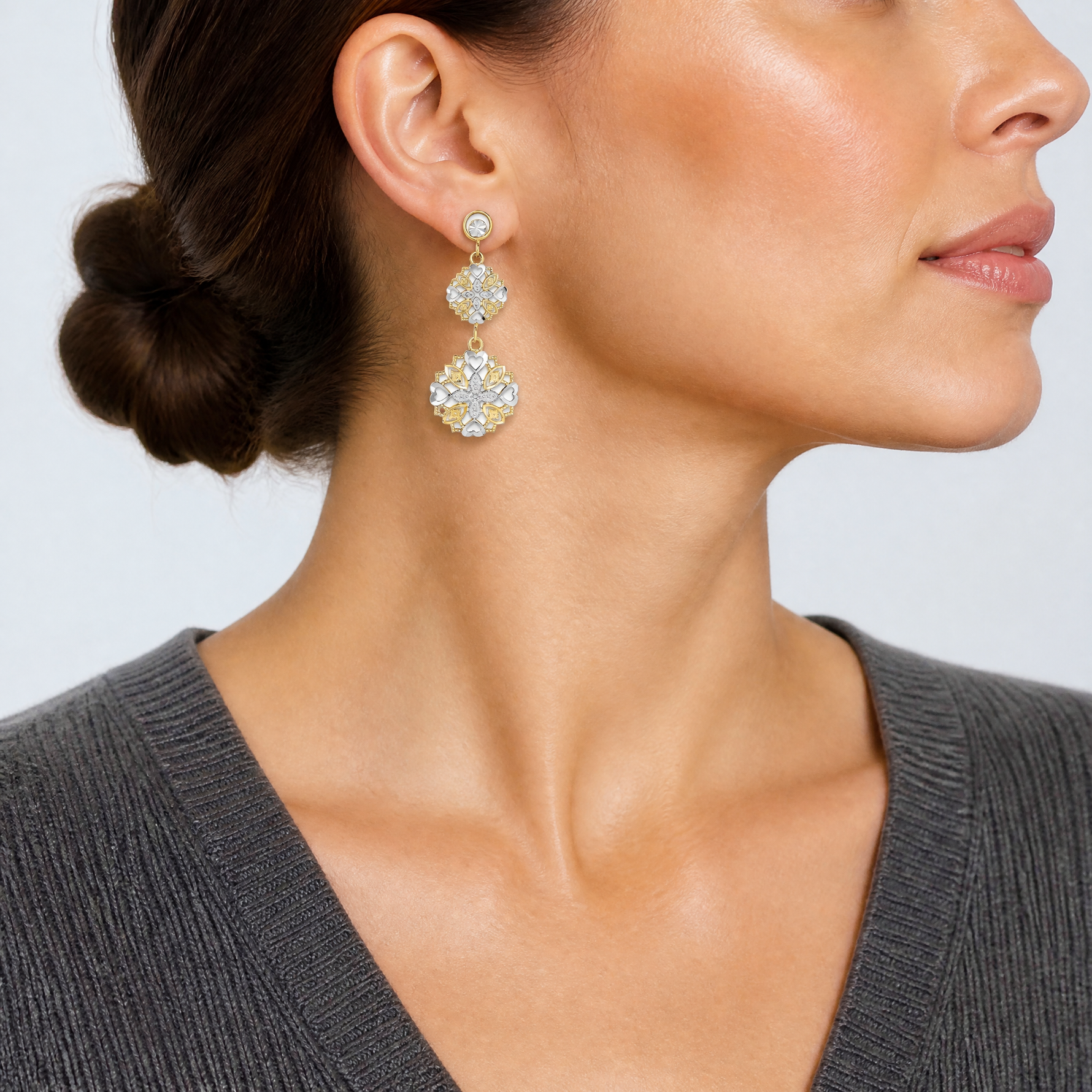 14k w/ Rhodium D/C Flower & Heart Dangle Earrings - Model Shot