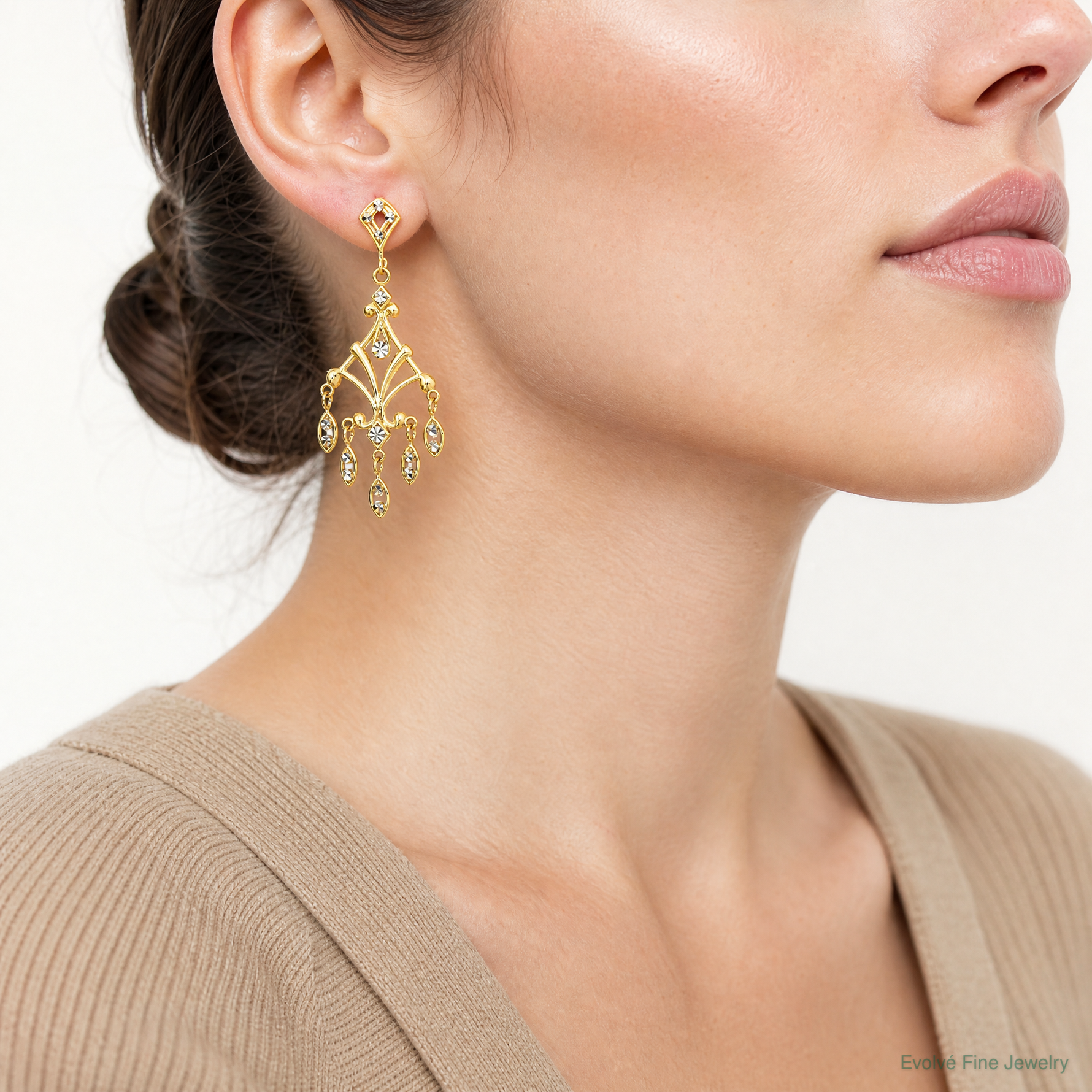 14K w/Rhodium D/C Chandelier Style Dangle Earrings - Model Shot