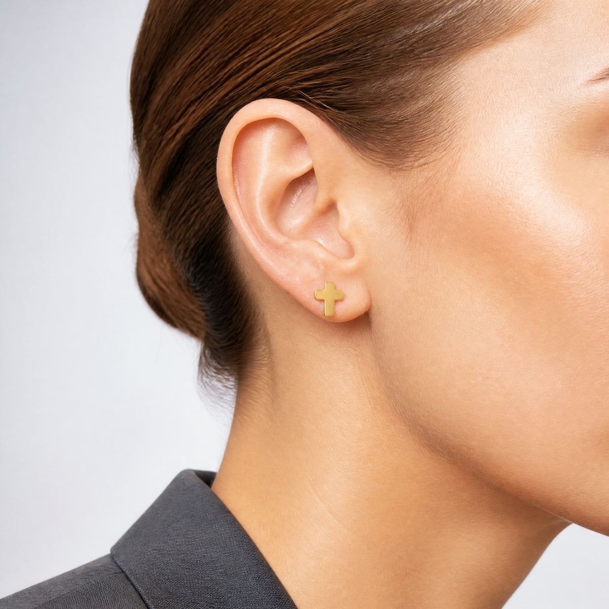 14k Gold Polished Cross Post Earrings - Model Shot