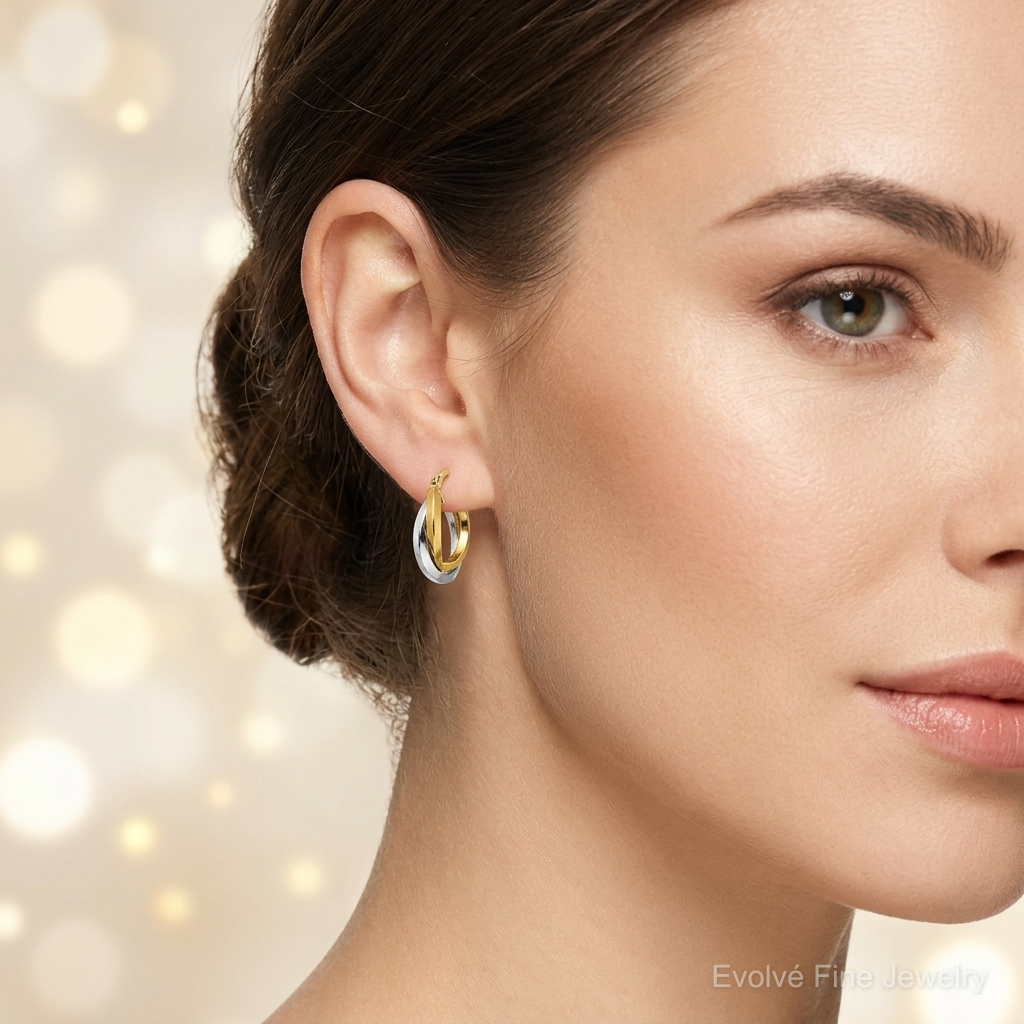 14k Two Tone Polished Double Hoops - Model Shot