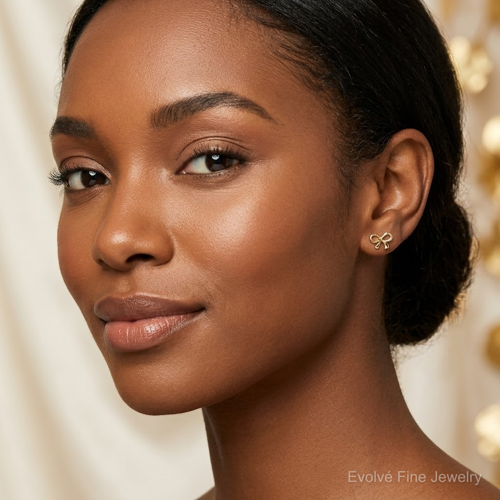 14k Gold Polished Bow Post Earrings - Model Shot