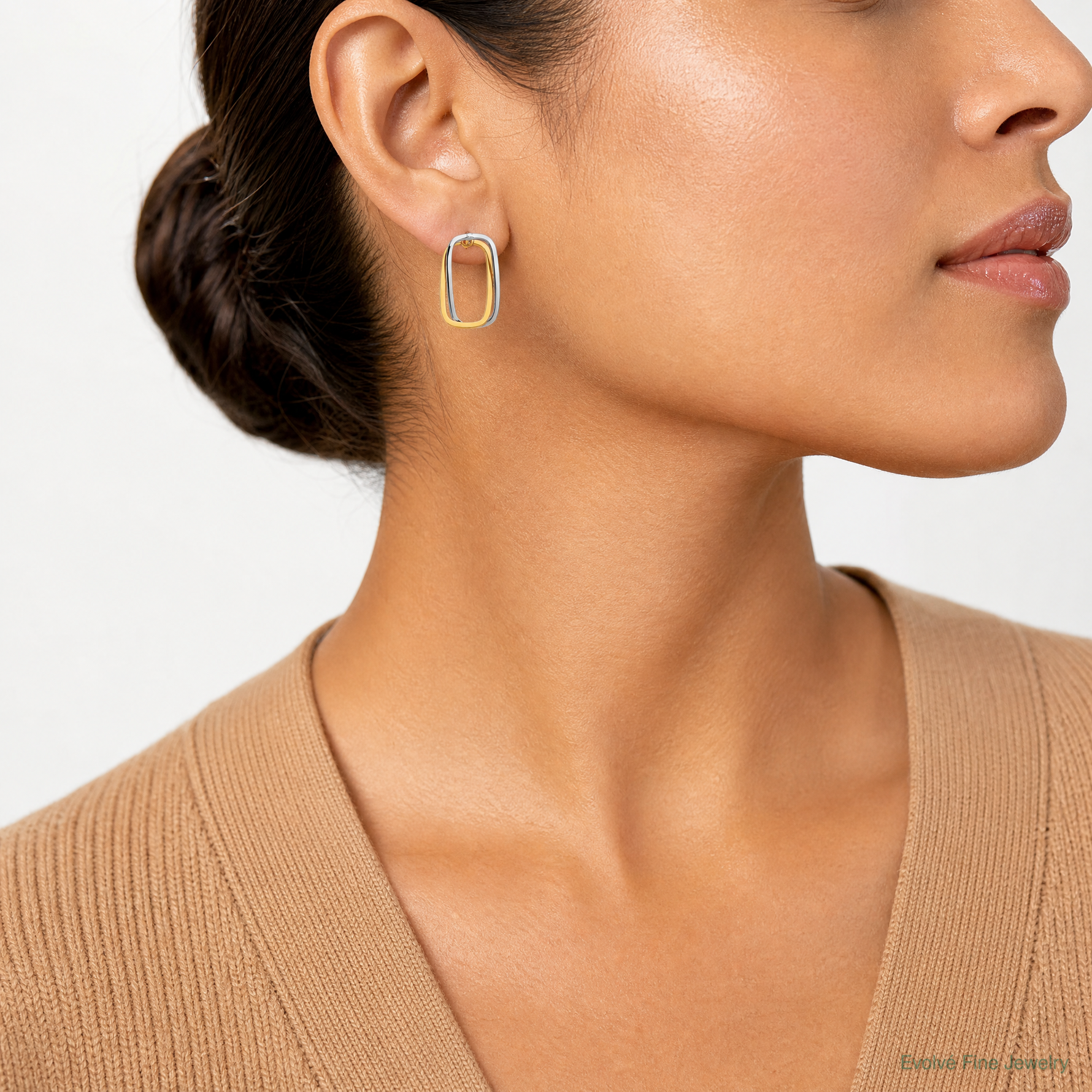 14k Two-Tone Fancy Versatile Rectangle Post Earrings - Model Shot