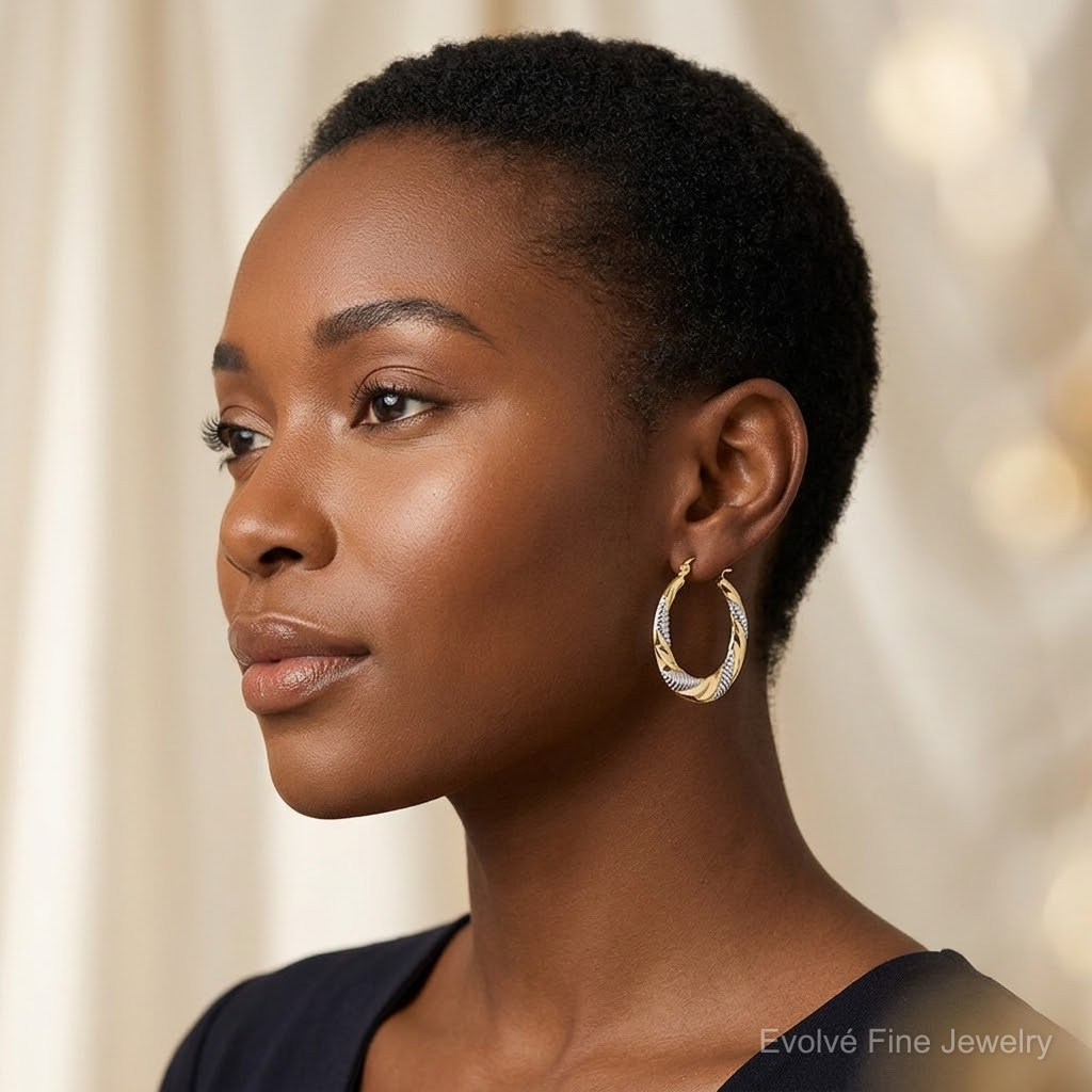 14K & Rhodium Textured Stamped Hoop Earrings - Model Shot