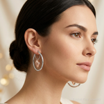 14k Two-tone Rose and White D/C Heart Dangle Hoop Earrings - Model Shot