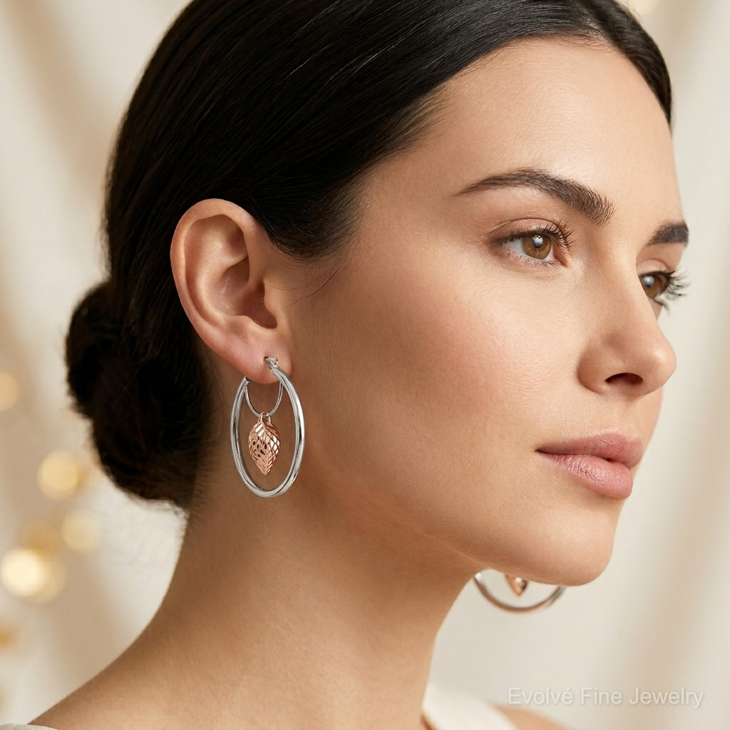 14k Two-tone Rose and White D/C Heart Dangle Hoop Earrings - Model Shot