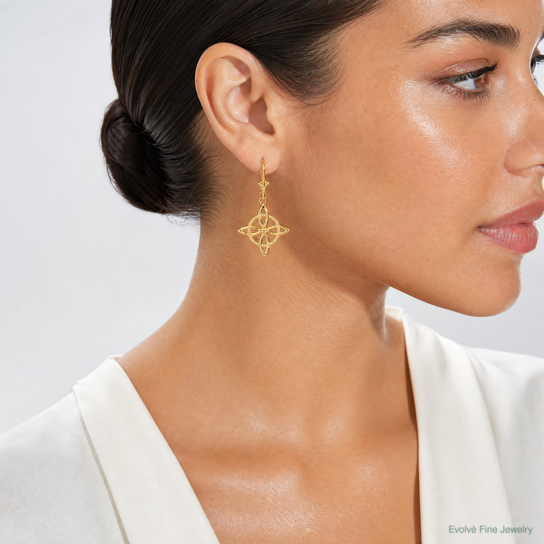 14K Small Celtic Eternity Knot Leverback Earrings - Model Shot