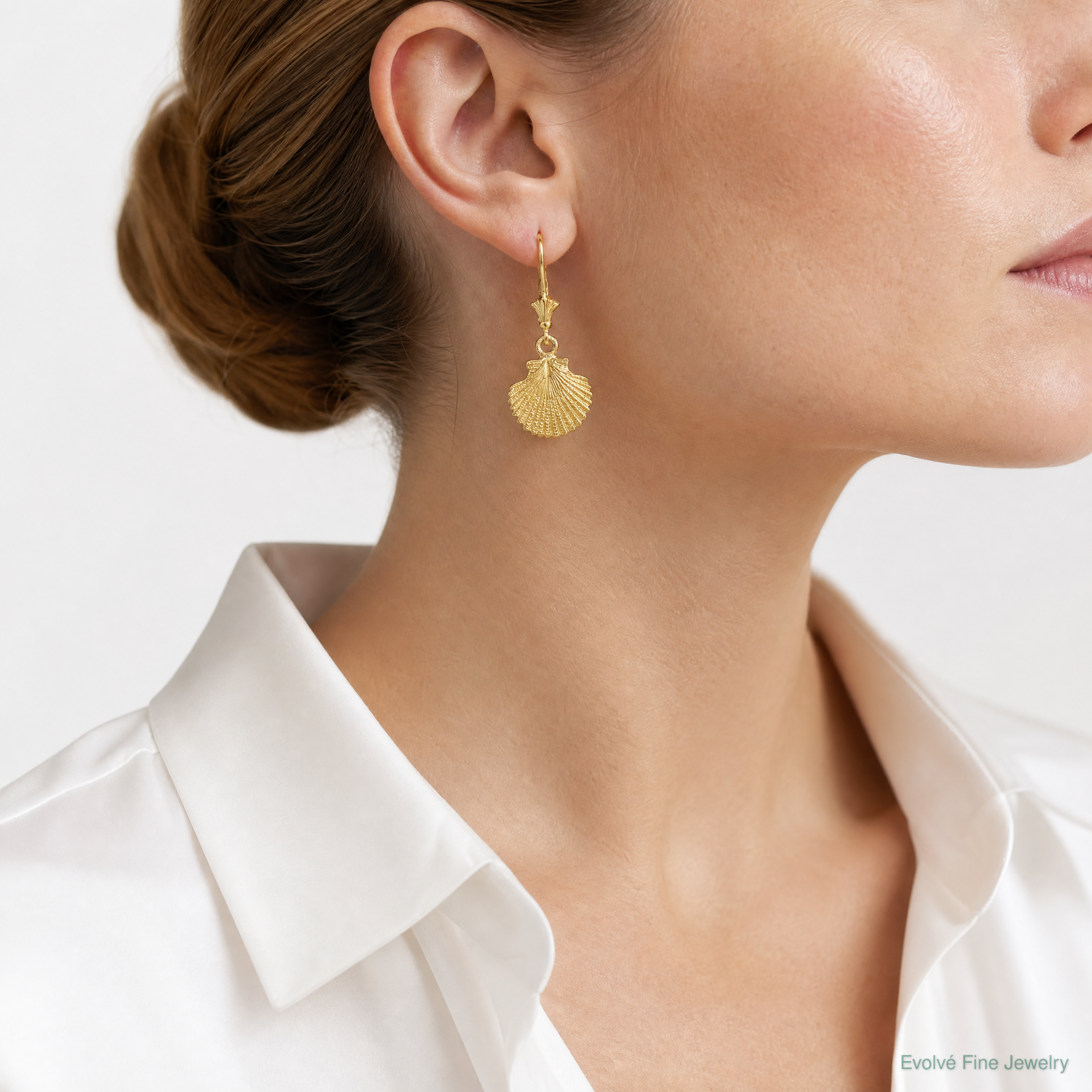 14K 2-D and Textured Scallop Shell Leverback Earrings - Model Shot