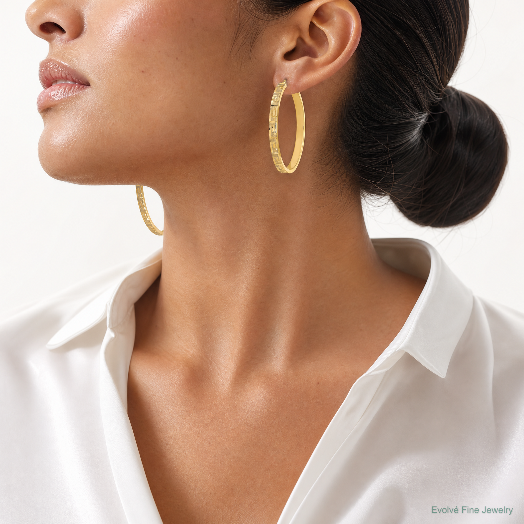 14K Polished and Satin Greek Pattern Hoop Earrings - Model Shot