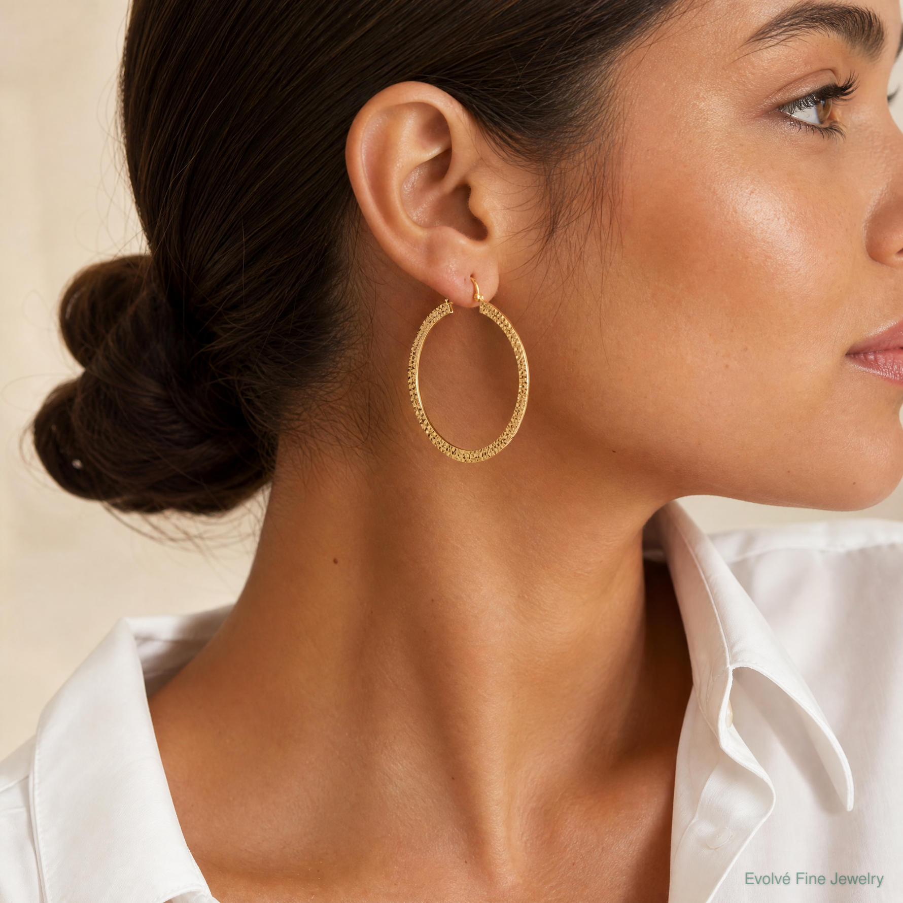 14K Polished & Hammered Hoop Earrings - Model Shot