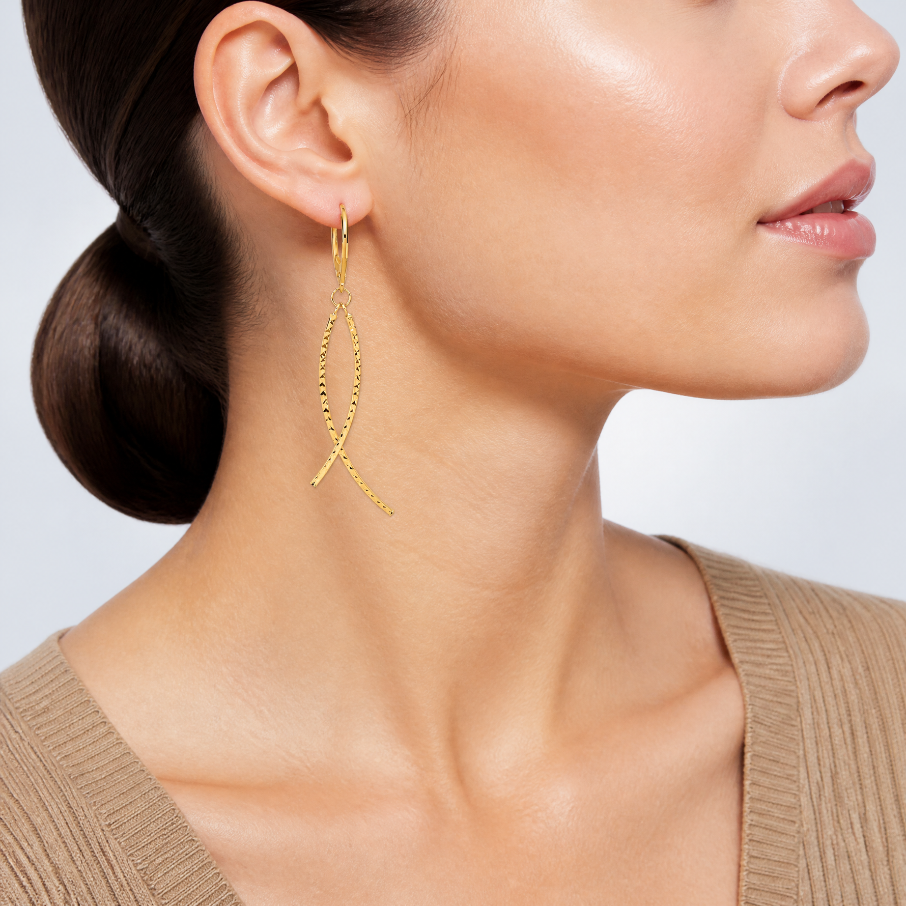 14K Polished Diamond Cut Fancy Dangle Leverback Earrings - Model Shot