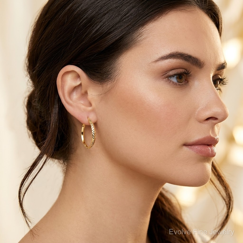 14K Polished and Diamond-cut Knife Edge Hoop Earrings - Model Shot