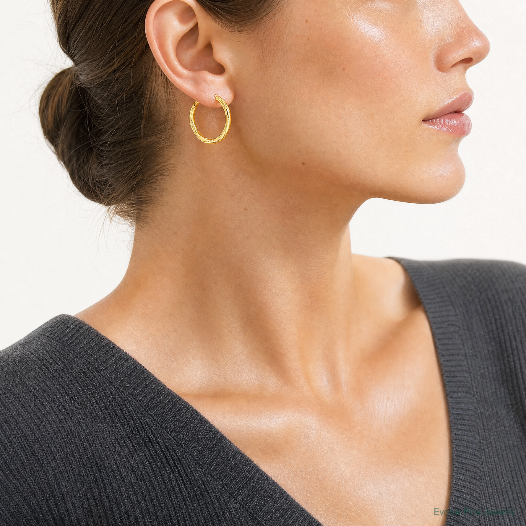 14K Polished and Textured Hoop Earrings - Model Shot
