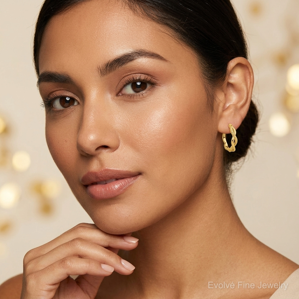14K Polished and Textured Braided Hinged Hoop Earrings - Model Shot