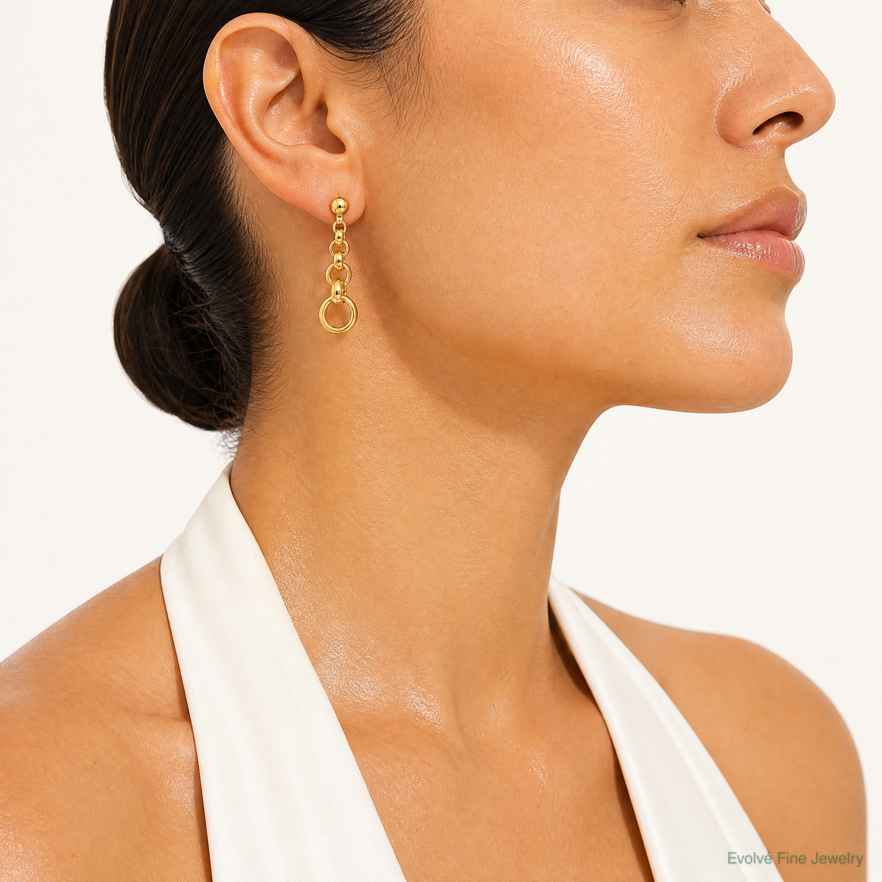 14K Polished Circle Link Post Earrings - Model Shot