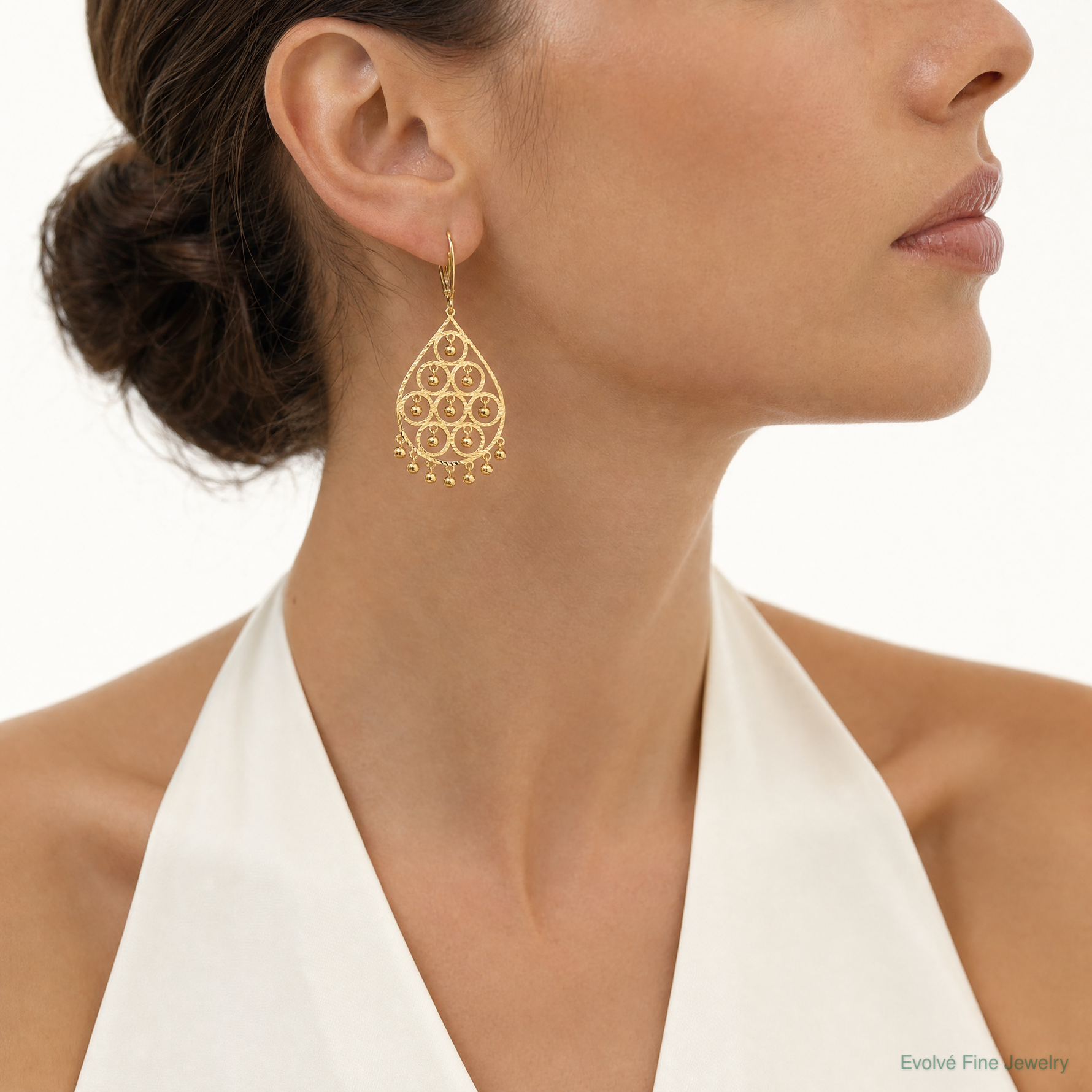 14K Polished and Diamond-cut Chandelier Style Dangle Earrings - Model Shot