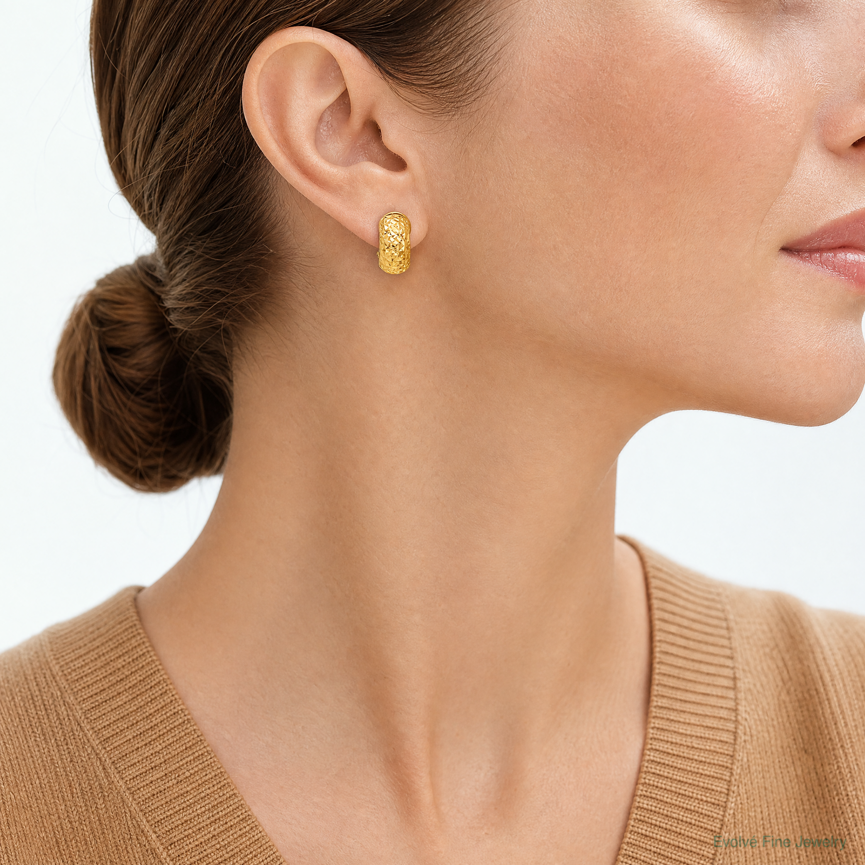 14K Polished and Diamond-cut Omega Back Earrings - Model Shot