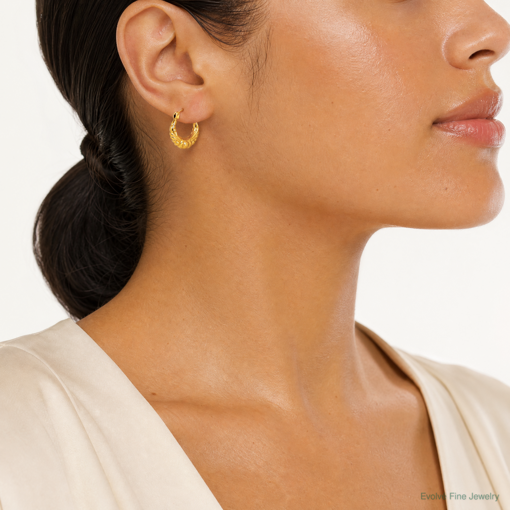 14k Polished Fancy Hoop Earrings - Model Shot