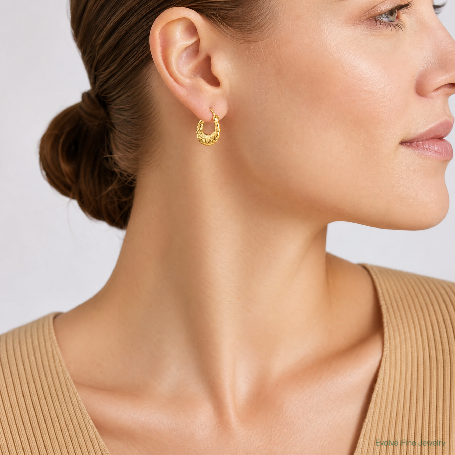 14k Polished Fancy Hoop Earrings - Model Shot