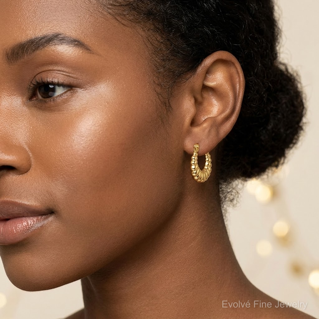 14k Polished and Grooved Scalloped Hoop Earrings - Model Shot
