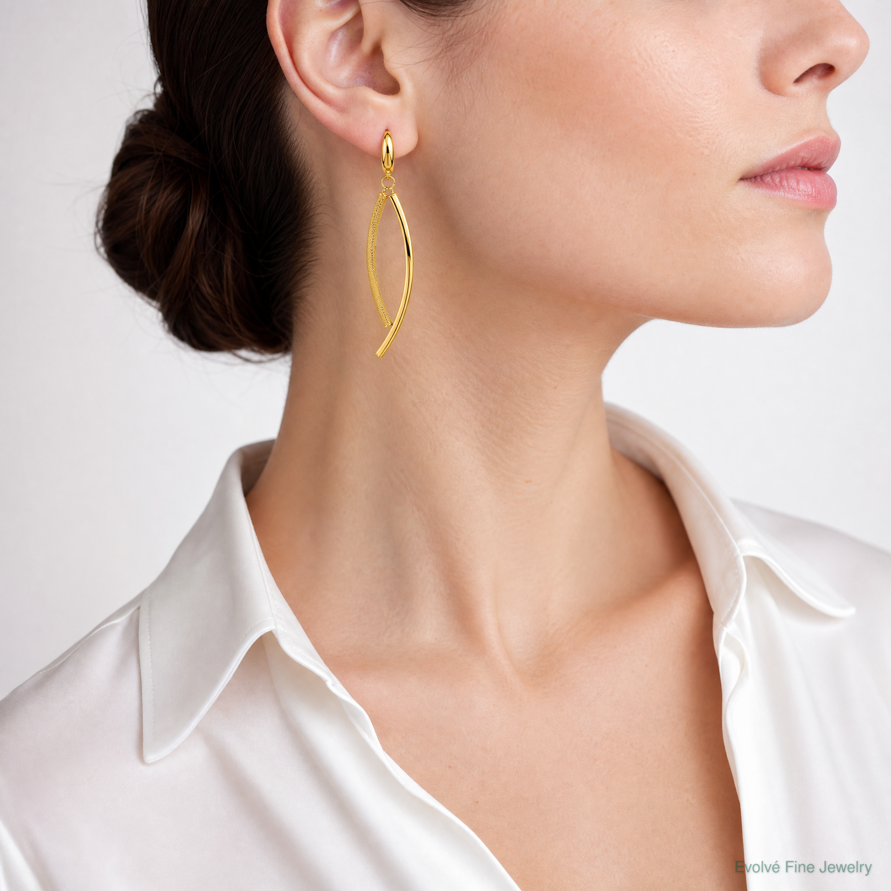 14K Polished and Textured Dangle Bar Leverback Earrings - Model Shot