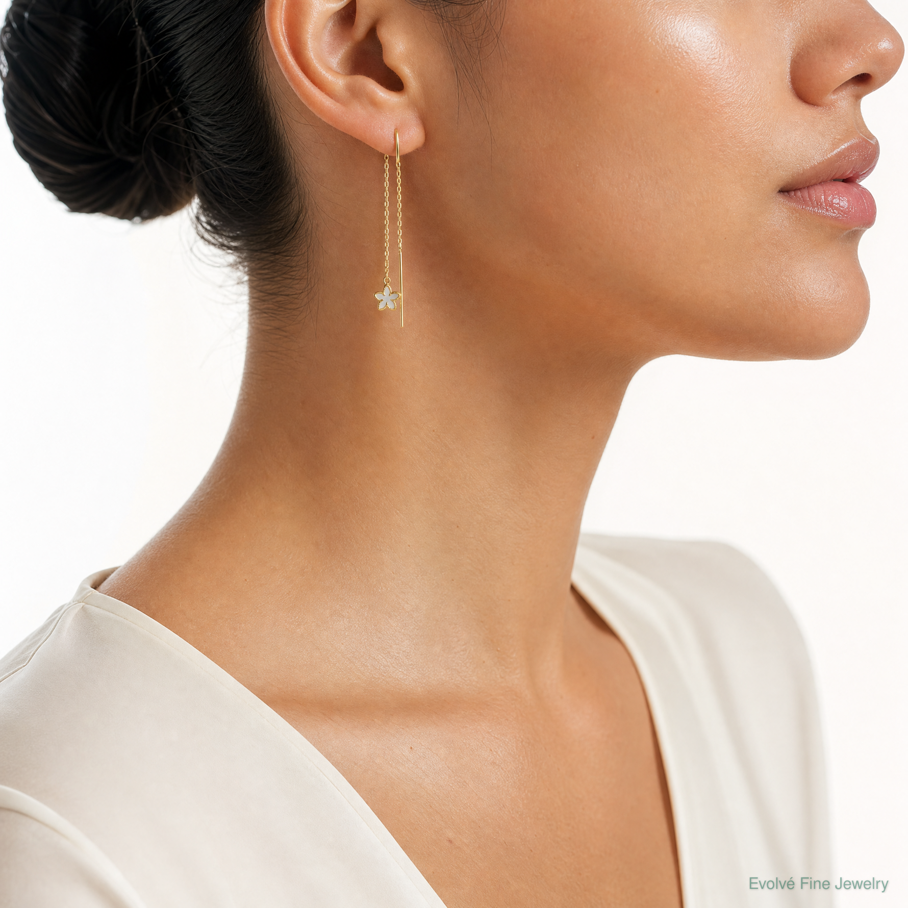 14K Polished Mother of Pearl Flower Cable Chain Threader Earrings - Model Shot