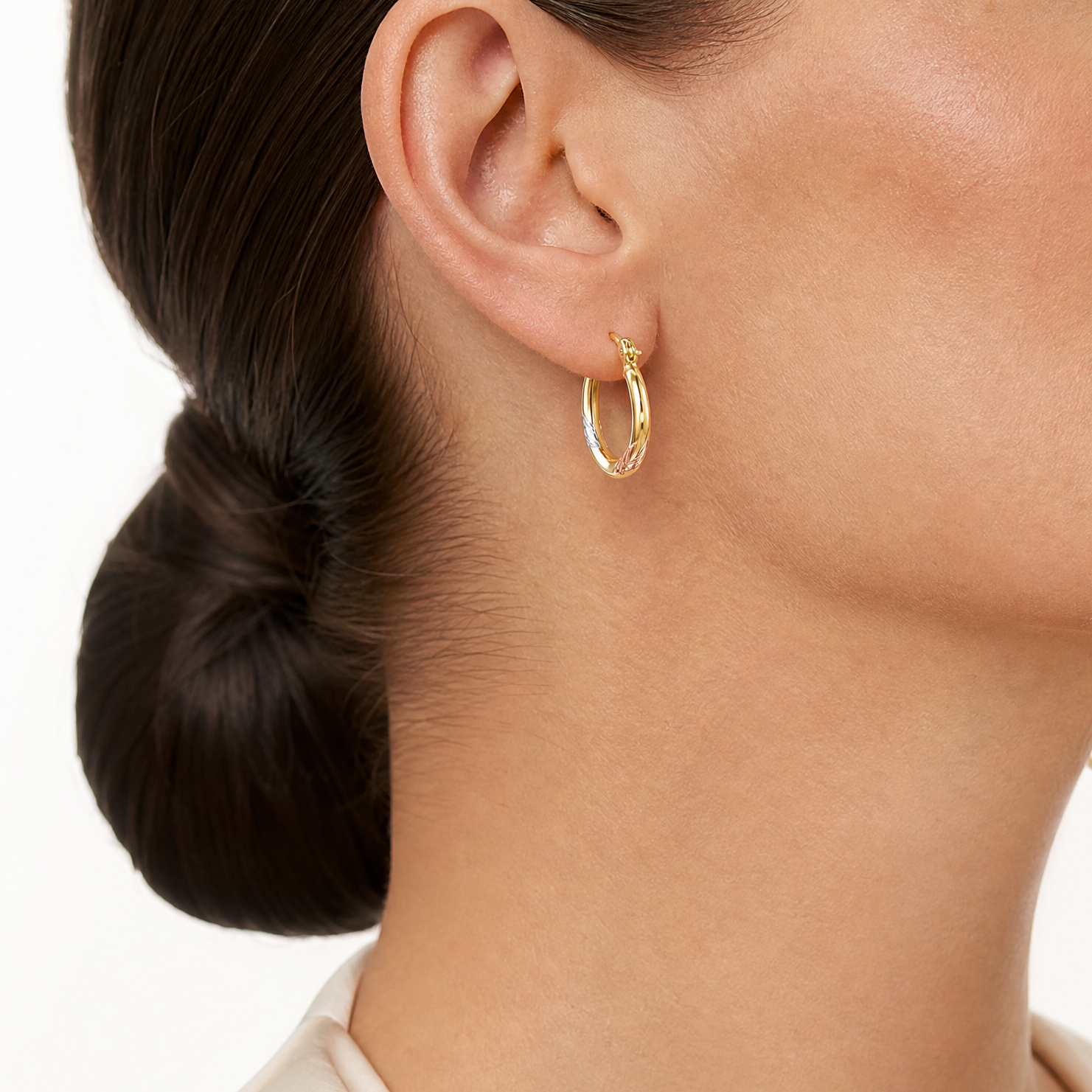 14k & White & Rose Rhodium Polished & Textured Hoop Earrings - Model Shot