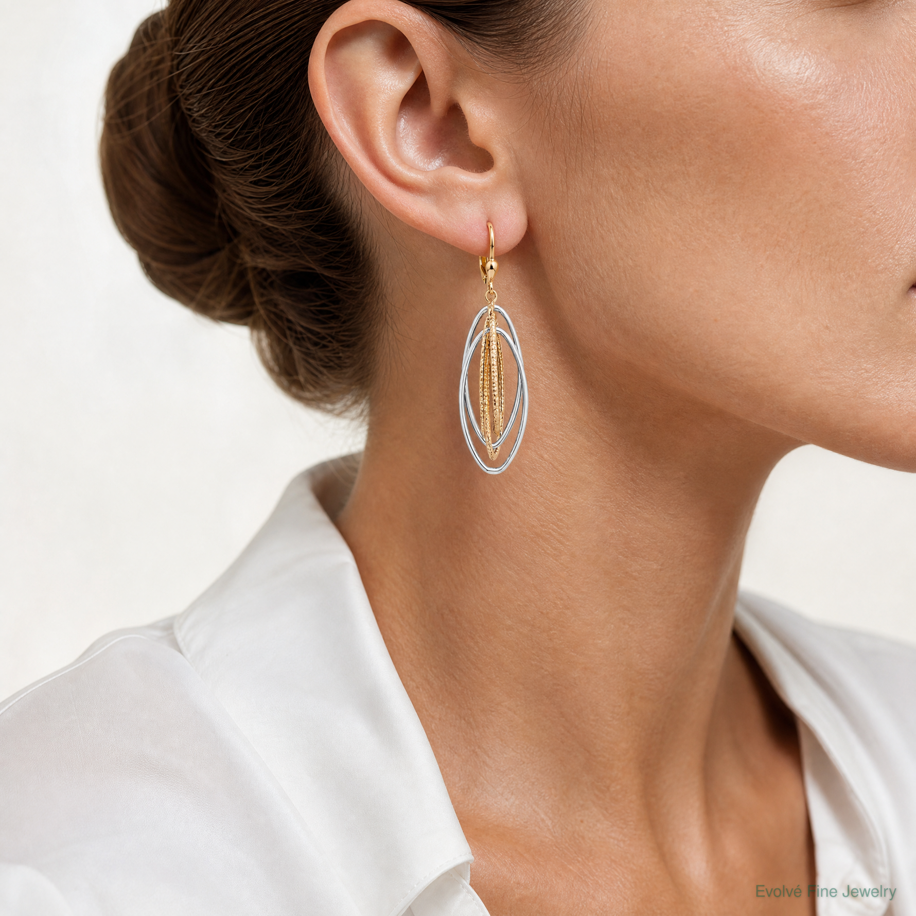 14K Two-Tone Textured and Polished Dangle Leverback Earrings - Model Shot