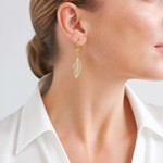 14K and Rhodium Polished and Textured Leaf Leverback Earrings - Model Shot