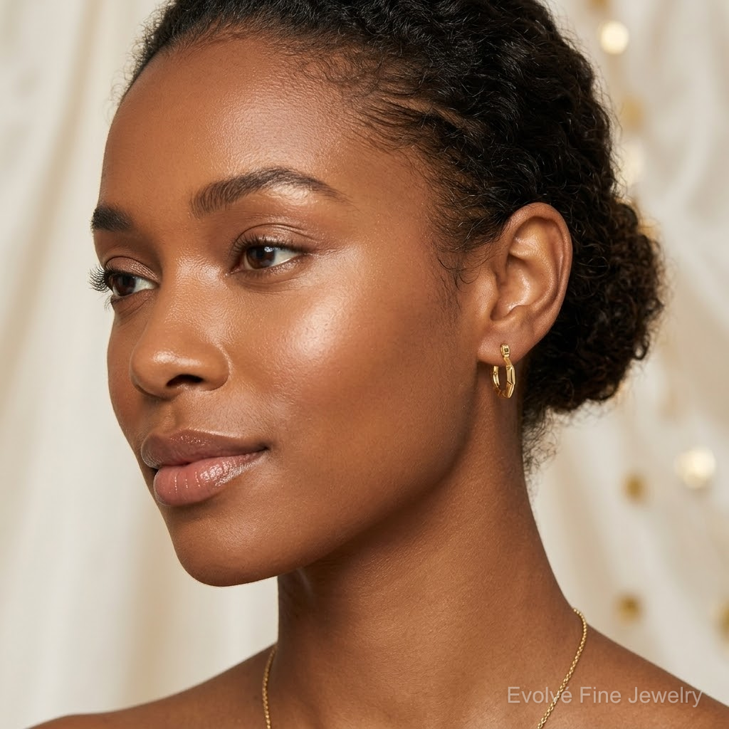 14k Polished and Grooved Hoop earrings - Model Shot