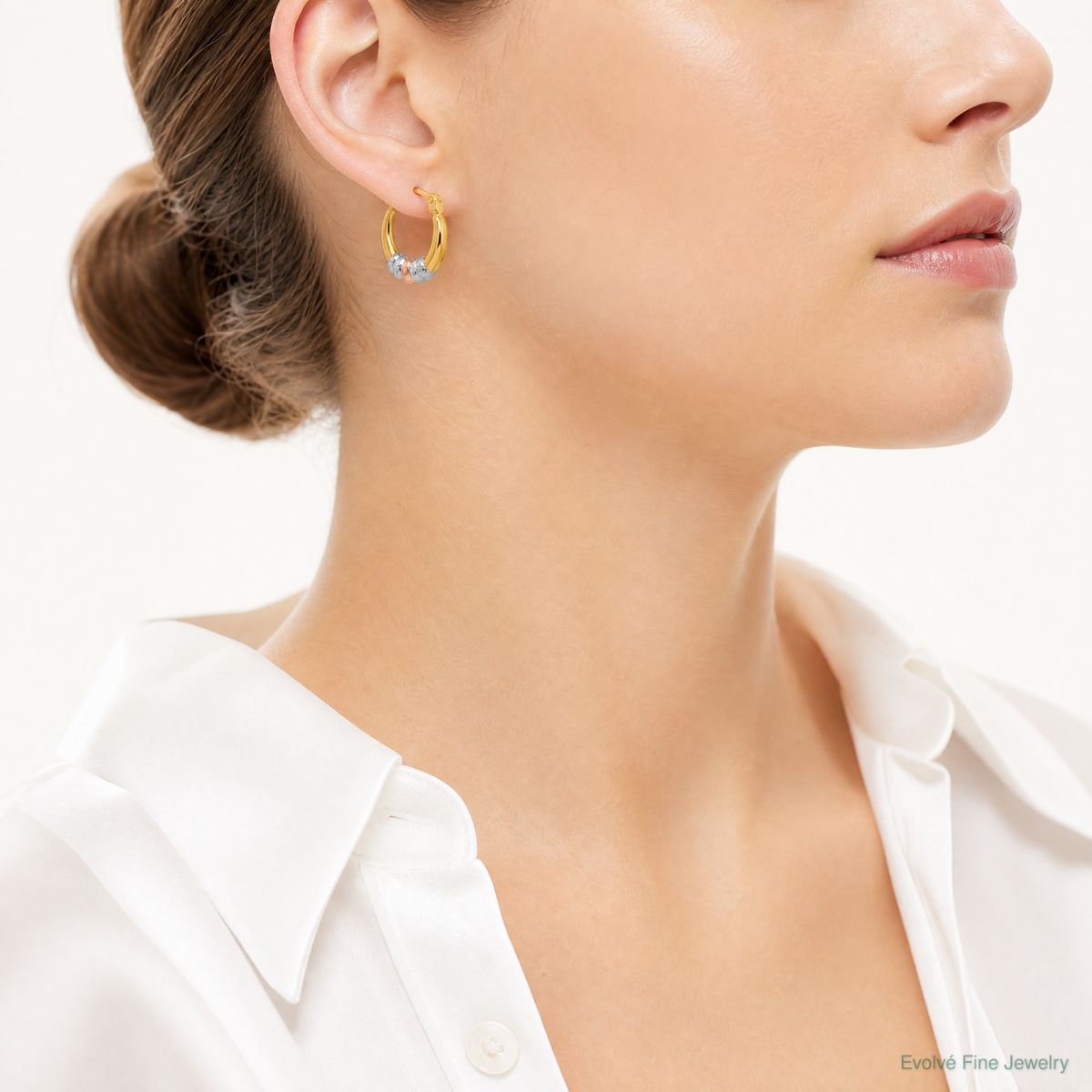 14k w/Rhodium and Rose Gold-plating Polished Hoop Earrings - Model Shot
