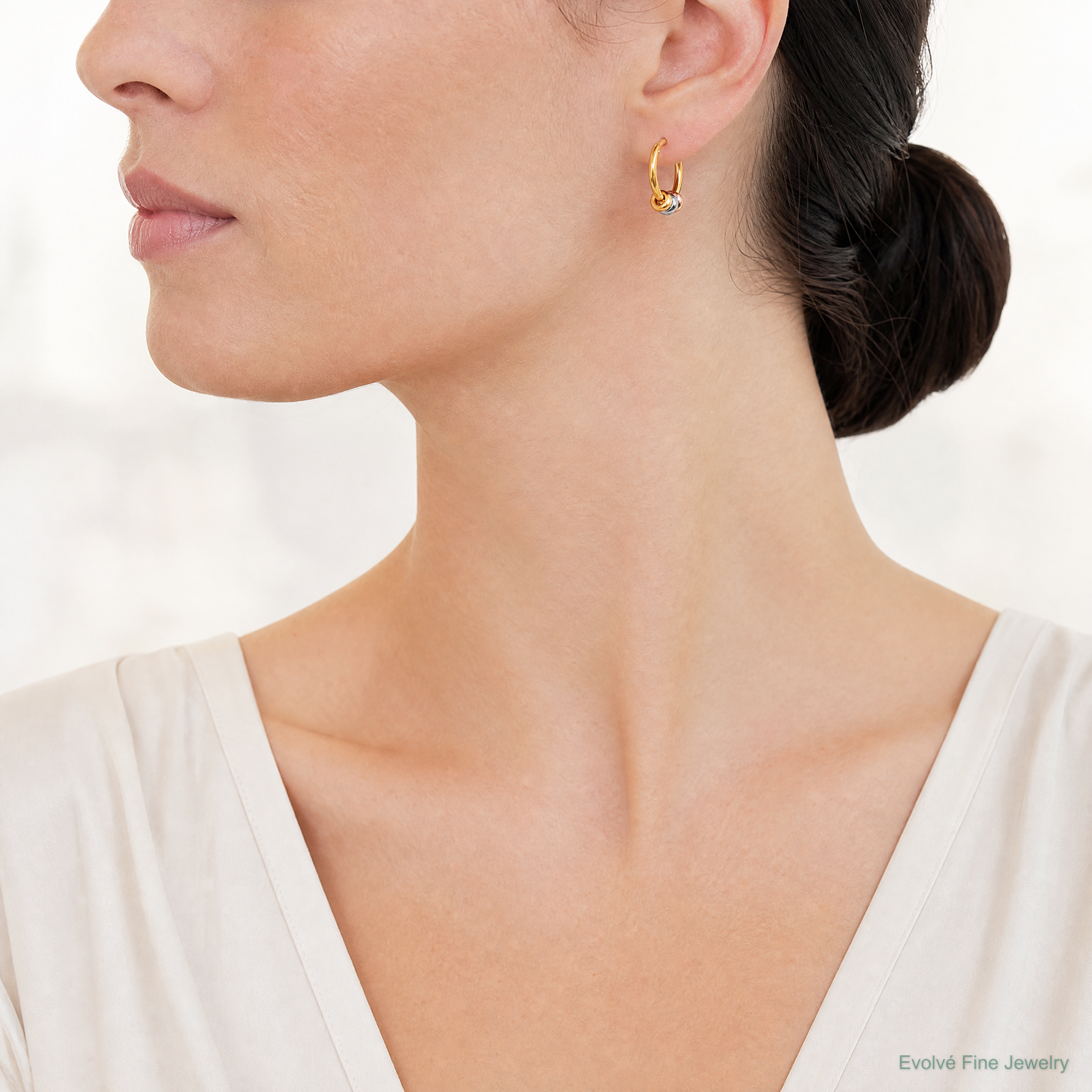 14K w/White RH and Rose-tone Polished Beads Endless Hoop earrings - Model Shot