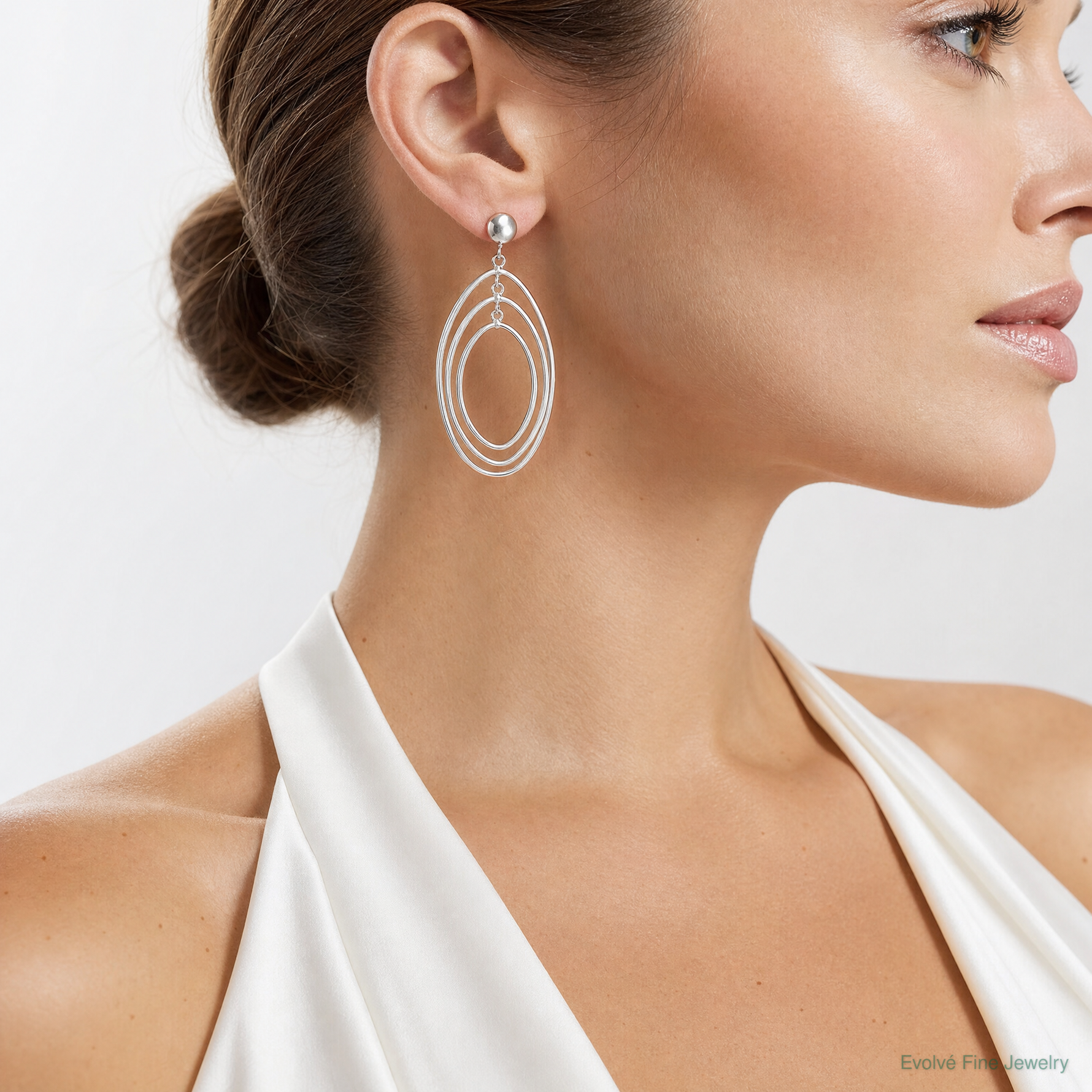 14k White Gold Oval Circle Dangle Post Earrings - Model Shot