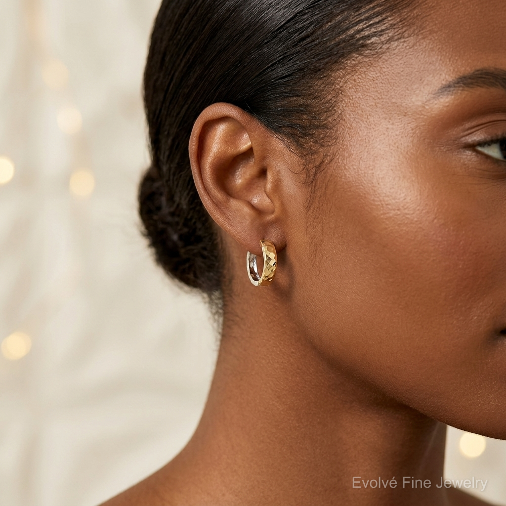 14k Two-tone Textured Hinged Hoop Earrings - Model Shot