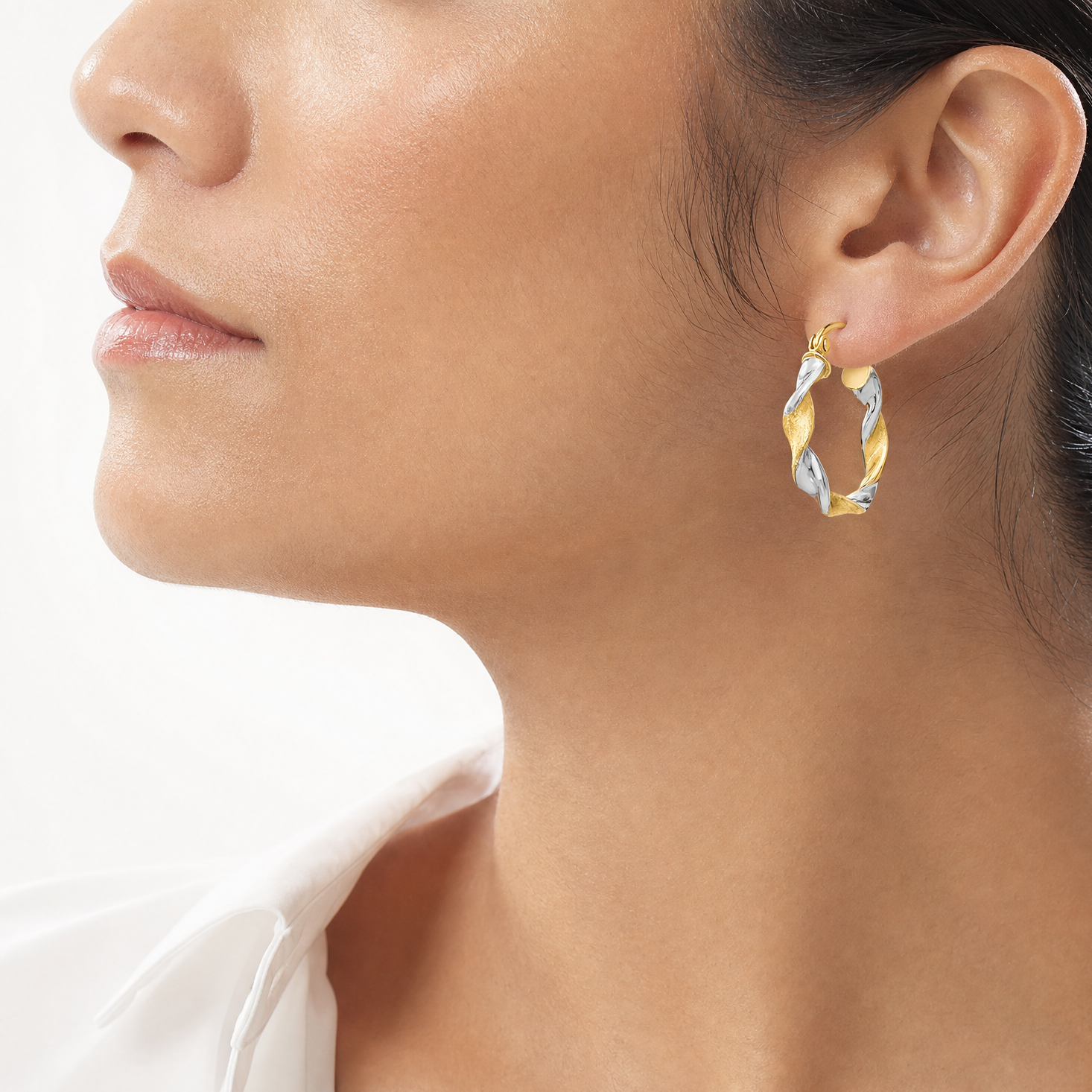 14K White Gold & Rhodium 2.0mm Twisted Hoop Earrings - Model Shot