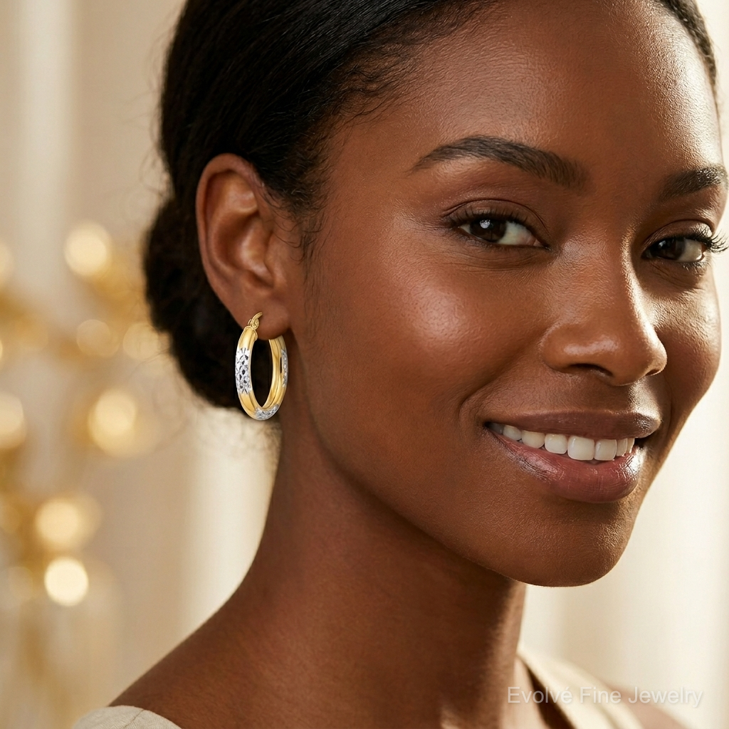 14K & Rhodium 3mm Diamond Cut Oval Hollow Hoop Earrings - Model Shot