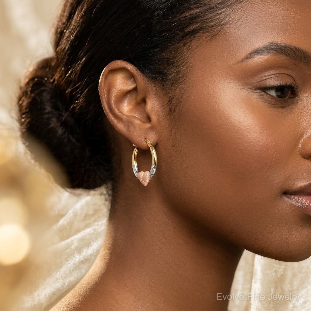 14K & White and Rose Rhodium Heart Hoop Earrings - Model Shot