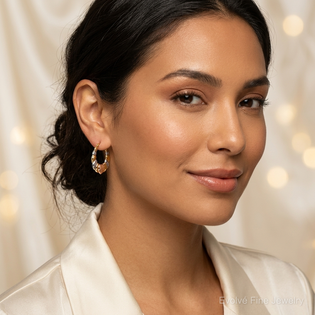 14K & White and Rose Rhodium Scalloped Heart Hoop Earrings - Model Shot