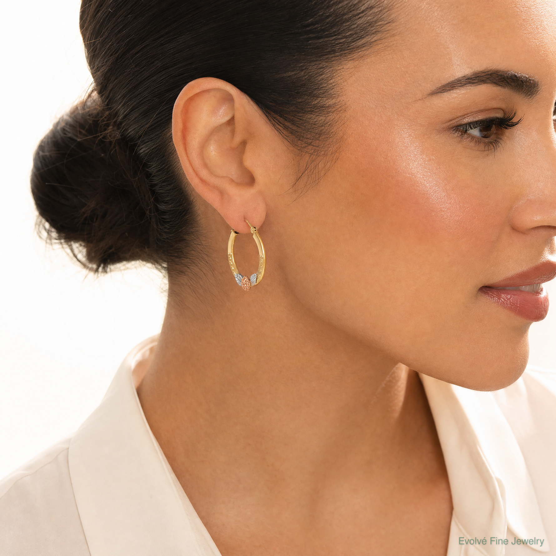14K Yellow & Rose Gold w/ Rhodium Diamond Cut Flower Hoop Earrings - Model Shot
