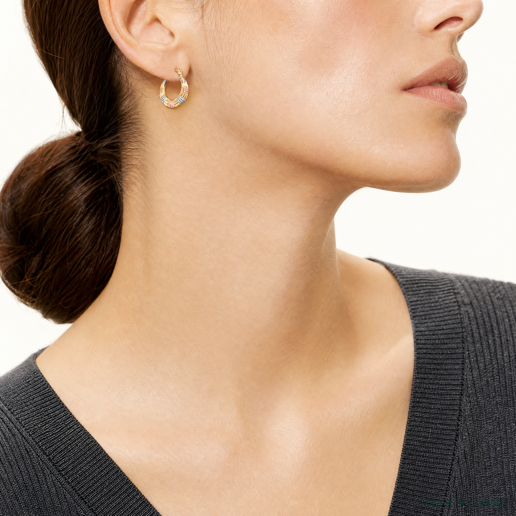 14K & White and Rose Rhodium Hollow Textured Hoop Earrings - Model Shot