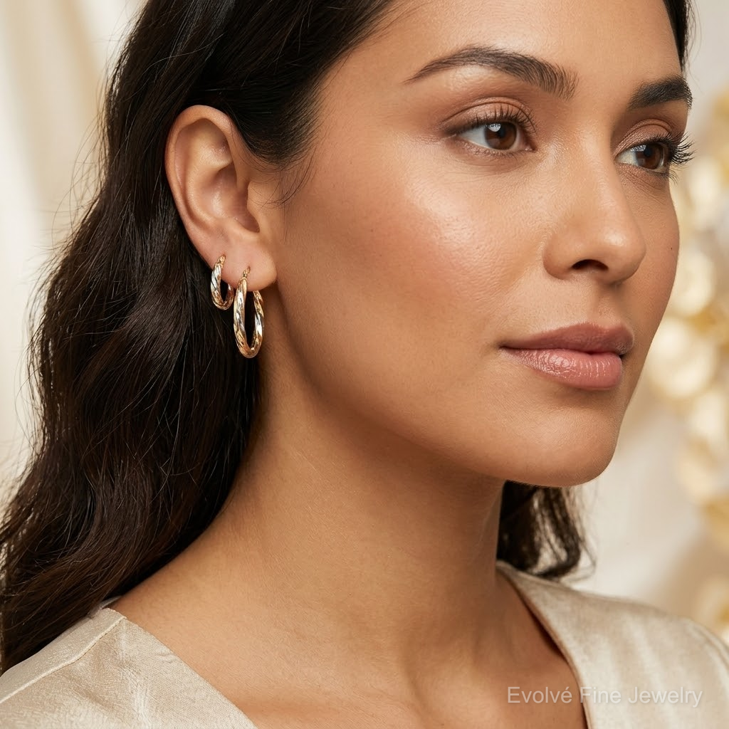 14K & White & Rose Rhodium Oval Hollow Scallop Hoop Earrings - Model Shot