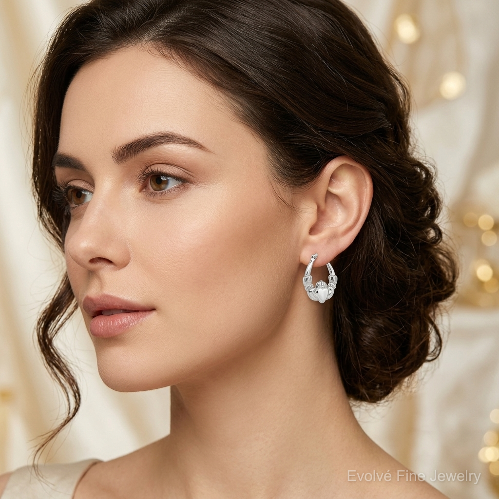 Leslie's Sterling Silver Rhodium-plated Polished Claddagh Hoop Earrings - Model Shot