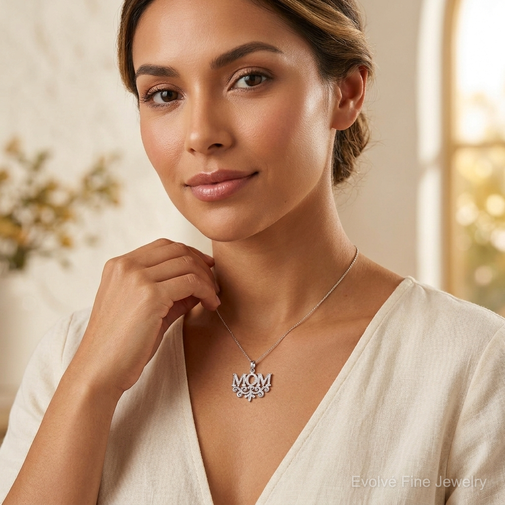 14k White Gold MOM Charm - Model Shot