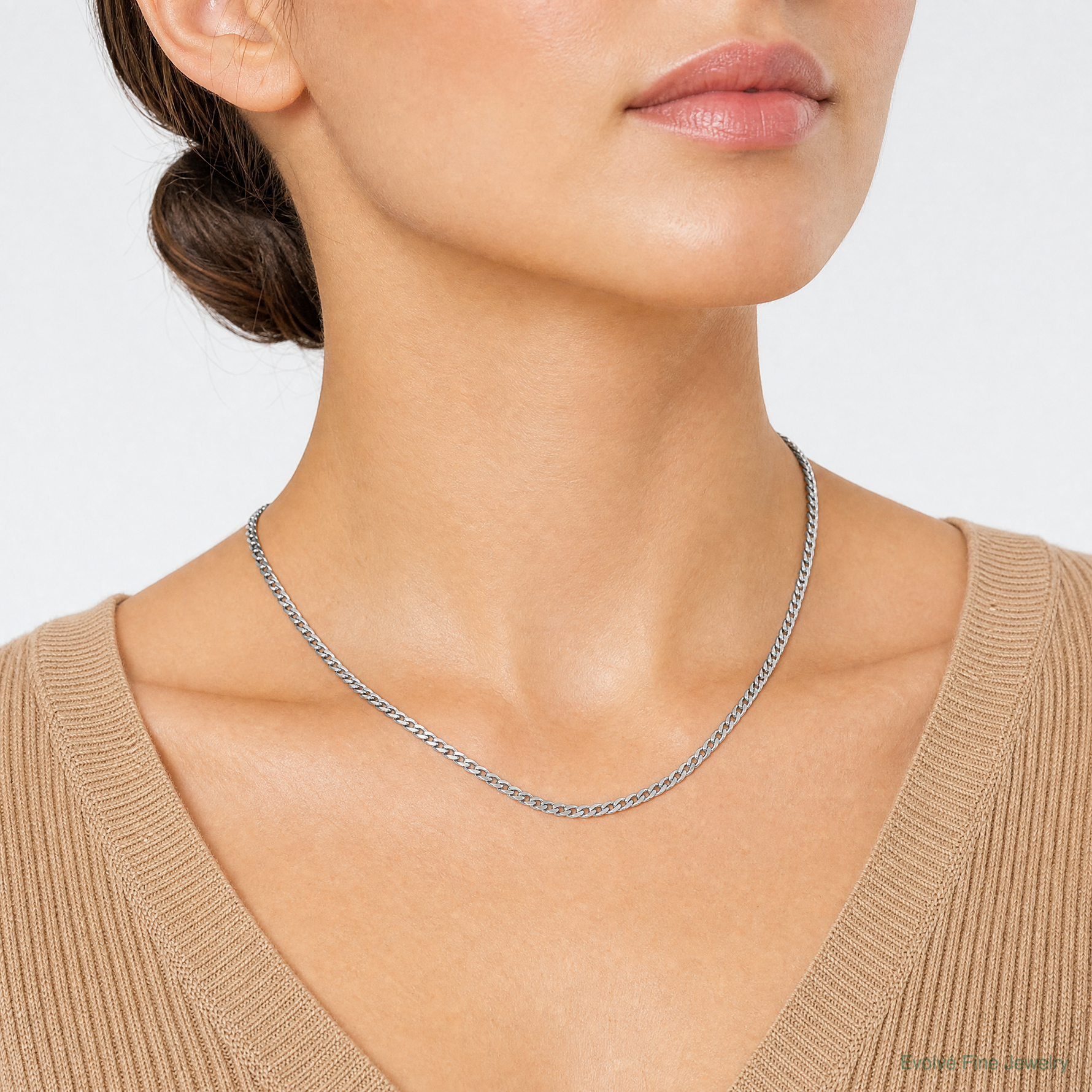 14k White Gold 2.9mm Flat Beveled Curb Chain - Model Shot