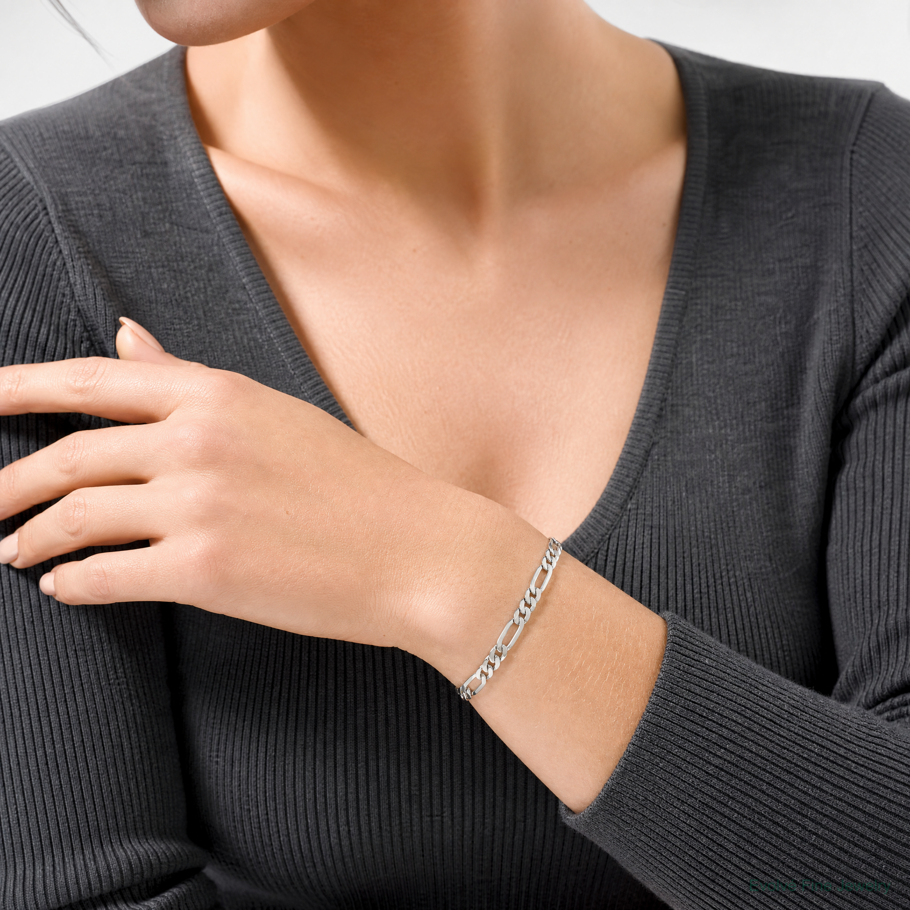 14k White Gold 4mm Flat Figaro Chain - Model Shot