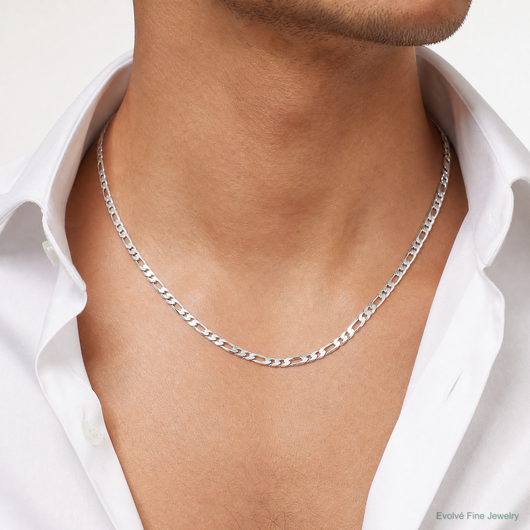 14k White Gold 6mm Flat Figaro Chain - Model Shot