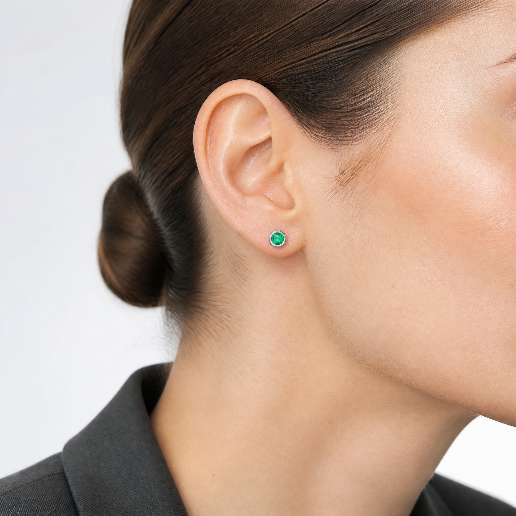 14k White Gold 4mm Bezel May/Emerald Post Earrings - Model Shot