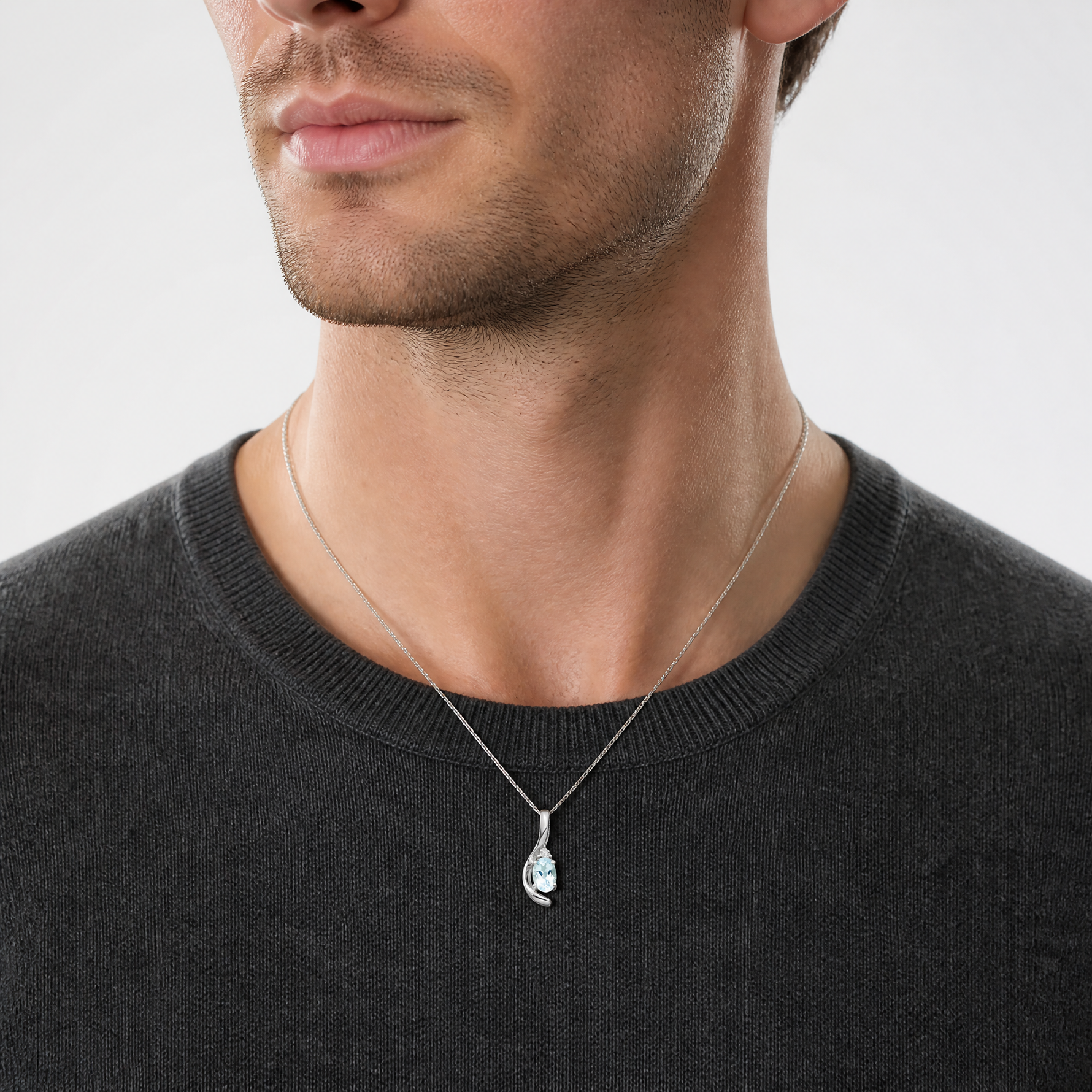 14k White Gold Aquamarine and Diamond Pendant - Model Shot