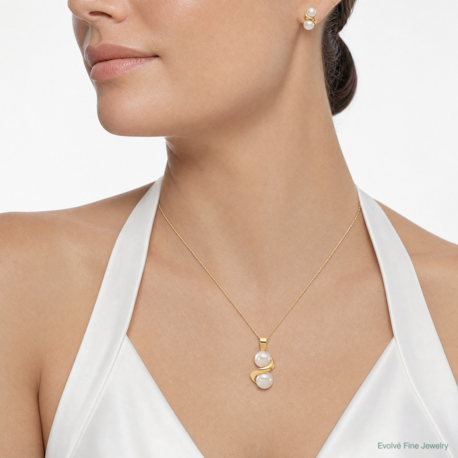14k 5-6mm White Button FWC Pearl Earring and Pendant Set - Model Shot